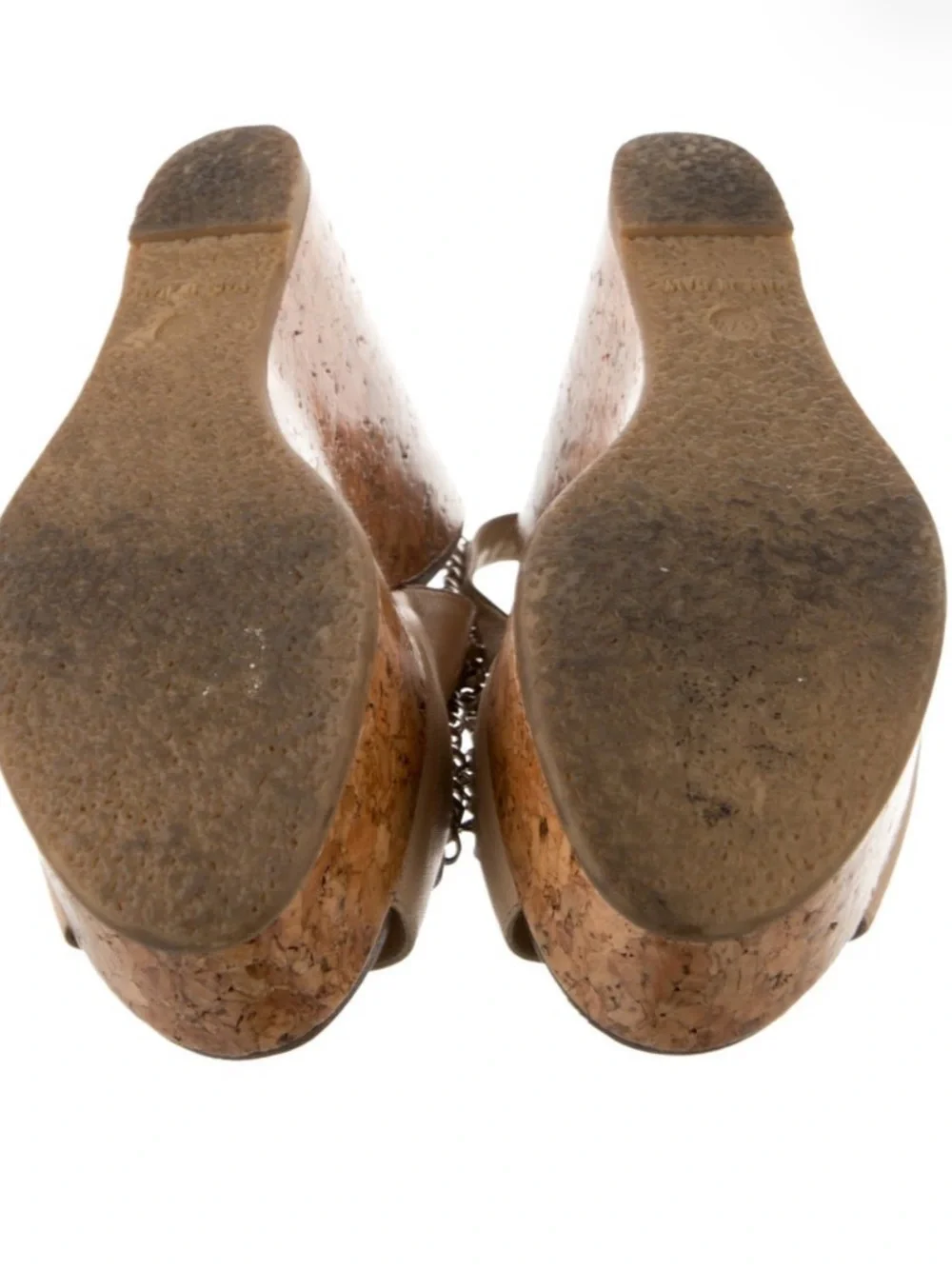 CHANEL Beige Leather Cork Wedge Slingback with Chain